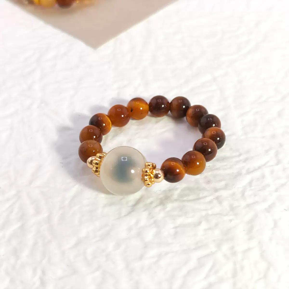 Jinba Little Red Tiger s Eye Ring: Golden Rutilated Quartz, Yellow Topaz, Smoky Quartz Beaded Natural Crystal Ring