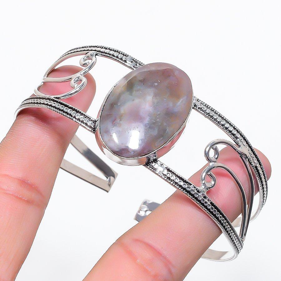 

Natural Indian Moss Agate Gemstone 925 Sterling Silver Cuff Bangle Adj h1t87
