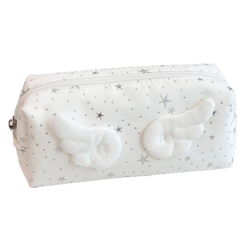 Wing Applique Pencil Case for Students, Soft Fabric Pen Case with Wide Opening for Daily Class and Desk Use