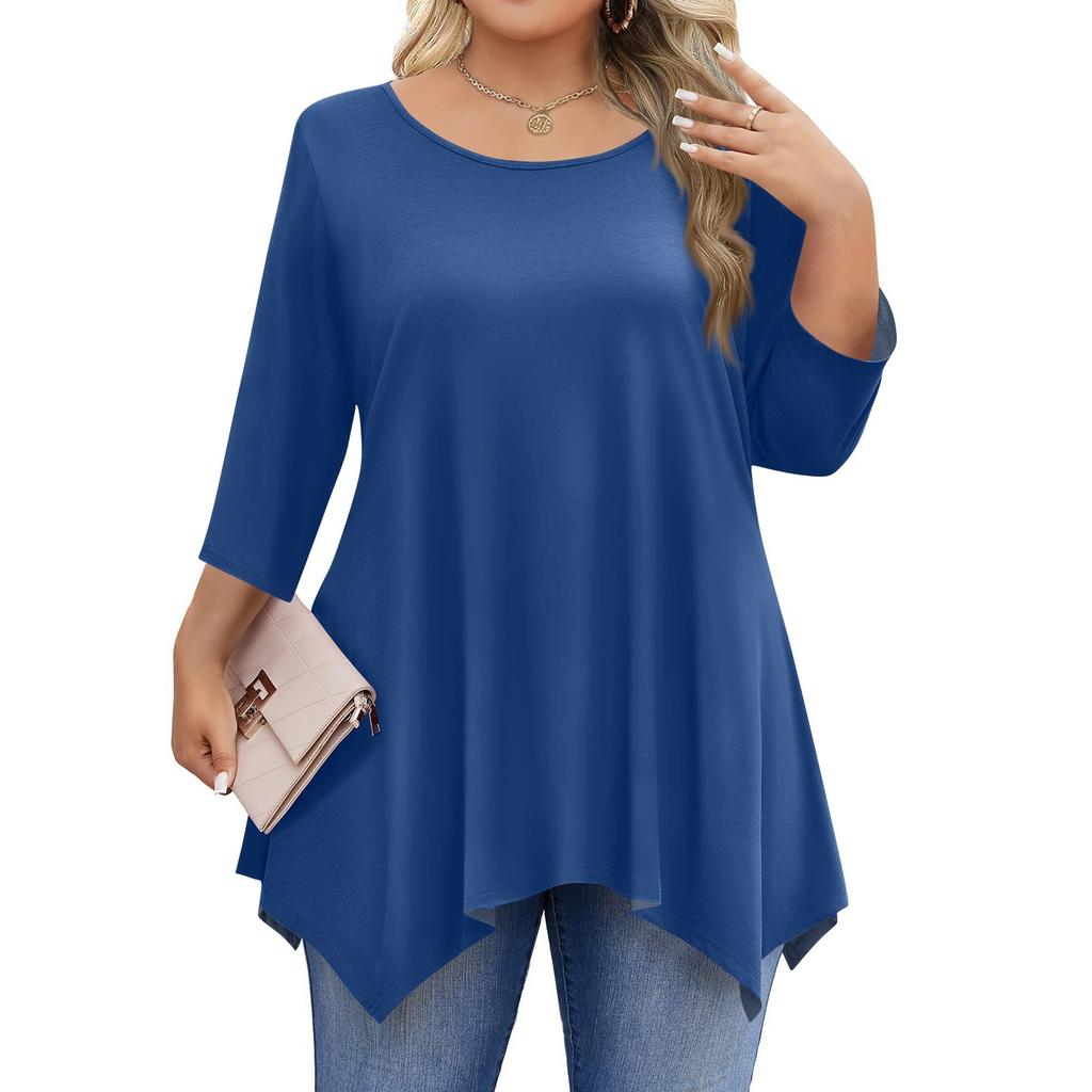 Womens Plus Size 3/4 Sleeve Shirts  Round Neck Tunic Tops Basic Loose Fit Tee Tops L-5XL