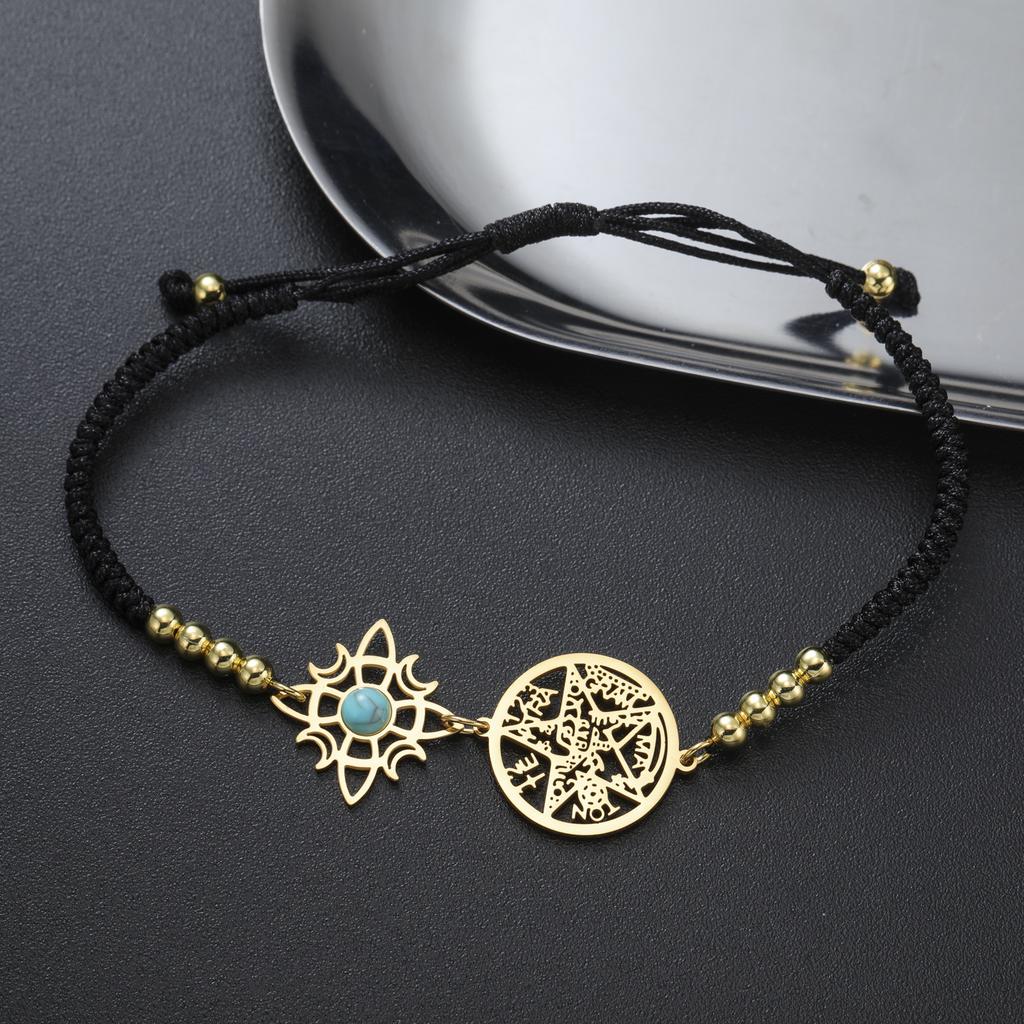 Verstellbares Tetragrammaton Pentagramm Armband für Damen Edelstahl Salomonsiegel Amulett mit Türkis Wicca Schmuck Geschenk