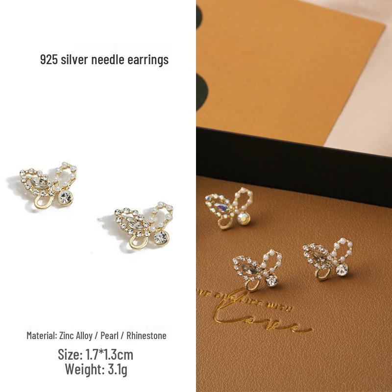 

Korean Style Gold Butterfly Earrings: 925 Sterling Silver Needle with Colorful Cubic Zirconia for Women White Gemstone Pair