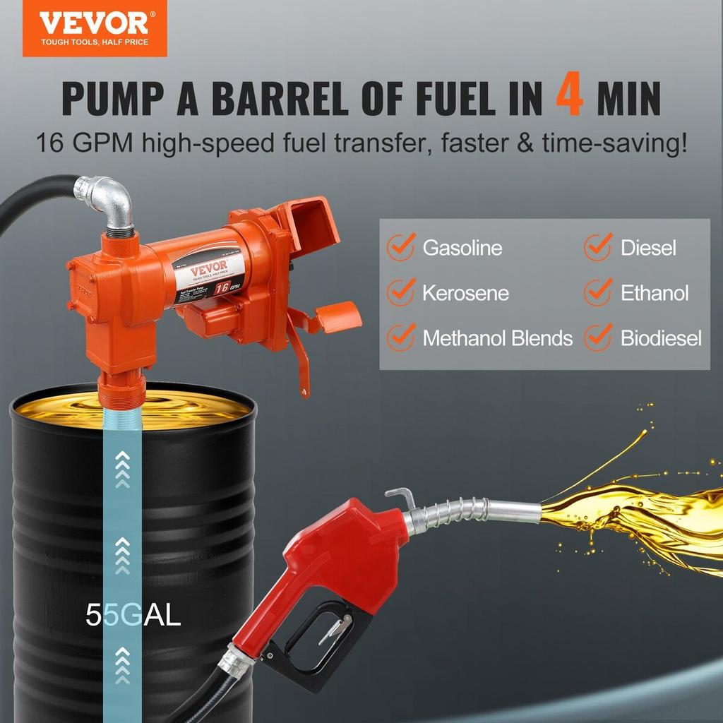 Fuel Transfer Pump, 12V DC 16 GPM 1/4 HP, Gasoline Extractor Pump with Automatic Nozzle, Discharge Hose & Suction Pipe for Gasoline, Diesel, Kerosene,