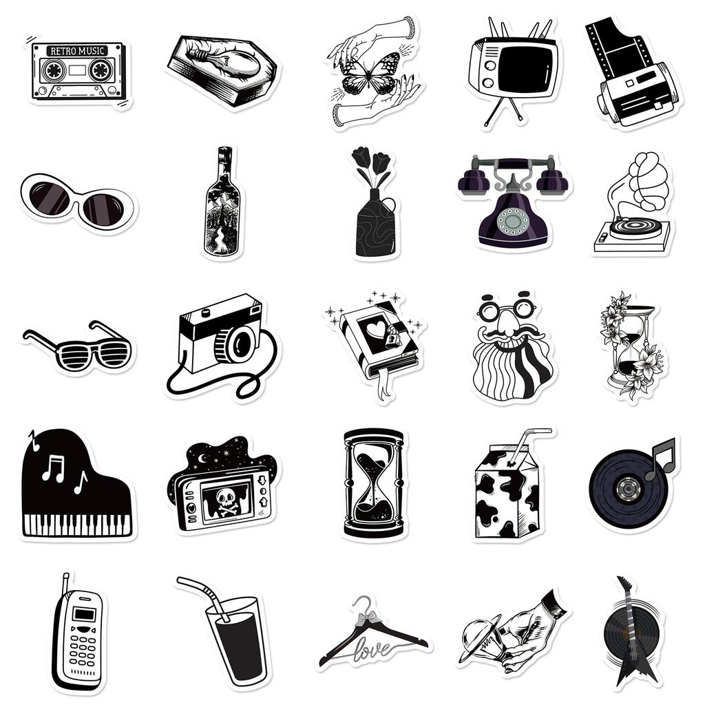 50 Black And White Series Theme Stickers Popular Life Realistic Style Simple Style Retro Graffiti Stickers