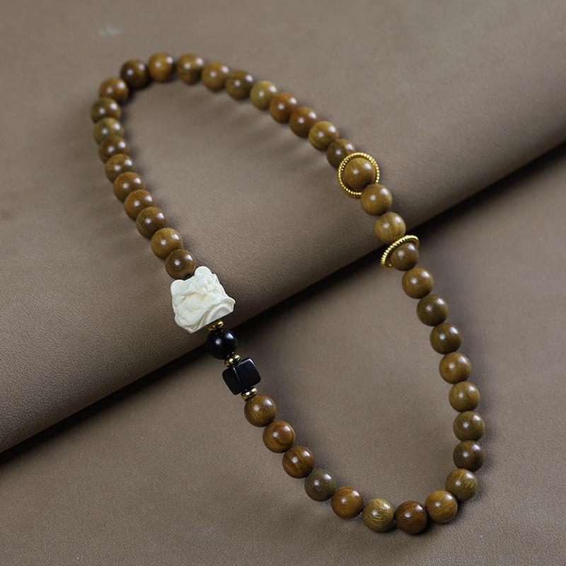 Green Sandalwood Gold Thread Double Wrap Bracelet with Lion Dance Ring - Wooden Buddhist Beads, Chinese Style Couple Accessory