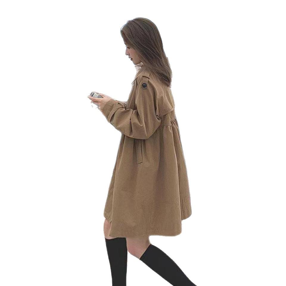 Khaki Petite Double-Breasted Trench Coat for Women - 2025 Autumn Korean Style, Loose Fit