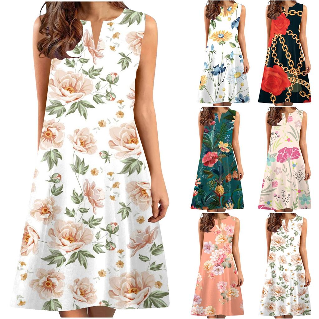 Mode Frauen V-ausschnitt Blumen Druck Ärmellose Tunika Kleider Plus Größe T-shirt Kleid
