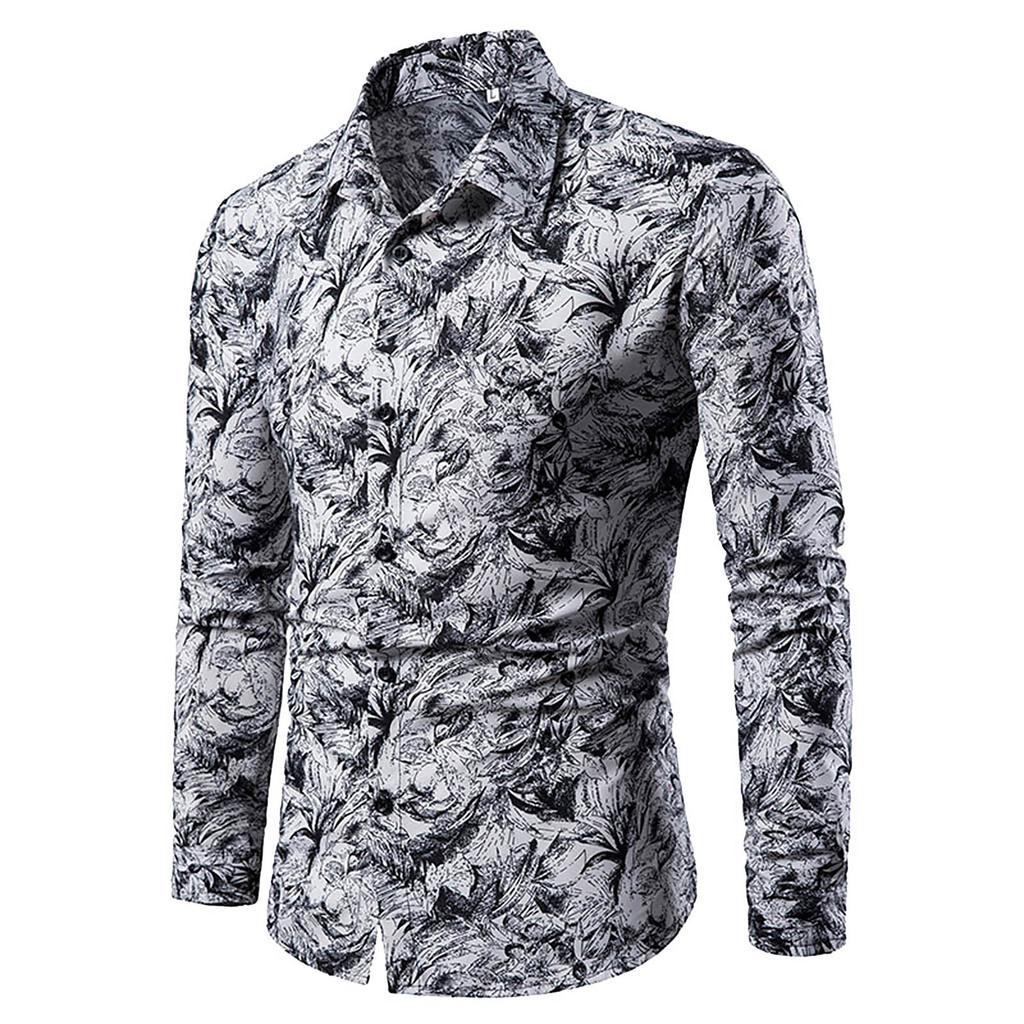Spring And Summer Men's Casual Pattern Stand Collar Button Long Sleeve Shirt