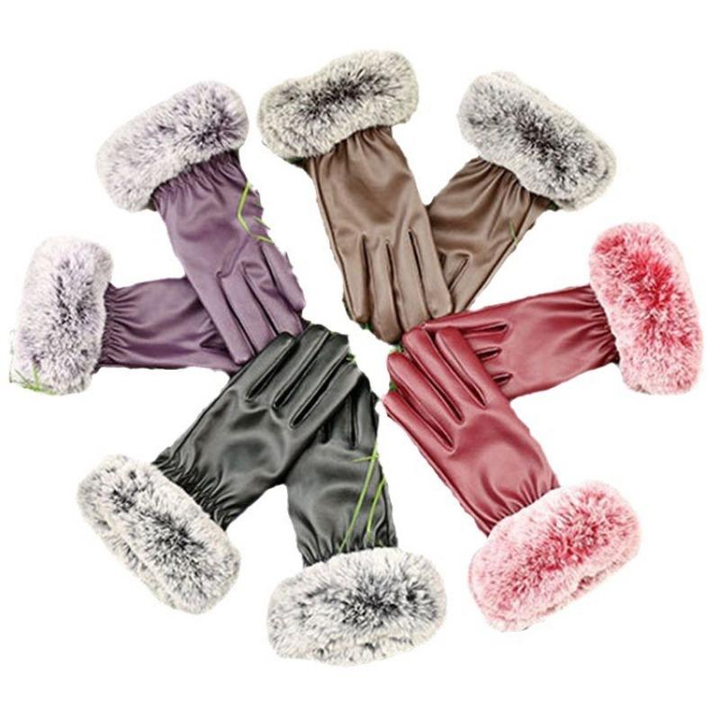 Warm leather gloves fleece thickened women's imitation rabbit fur mouth gloves leather touch screen autumn and winter gloves
