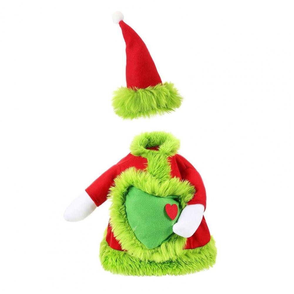 Christmas Goose Outfit Santa Claus Goose Costume Xmas Hat And Coat with Fuzzy Green Edge for 23 Inch Goose Statue Decoration