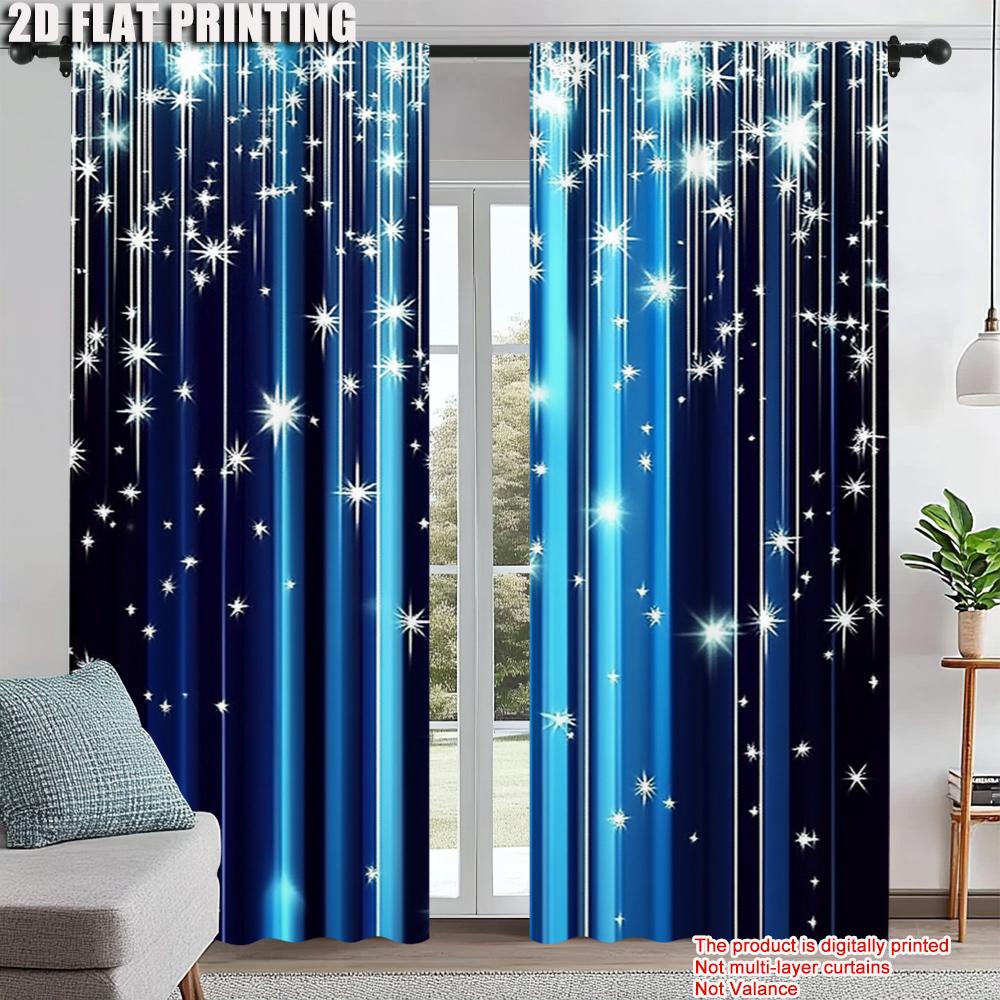 2Pcs Starry Night Sky Window Curtain Rod Pocket Polyester Drapes Blue Window Treatment For Bedroom Living Room Office