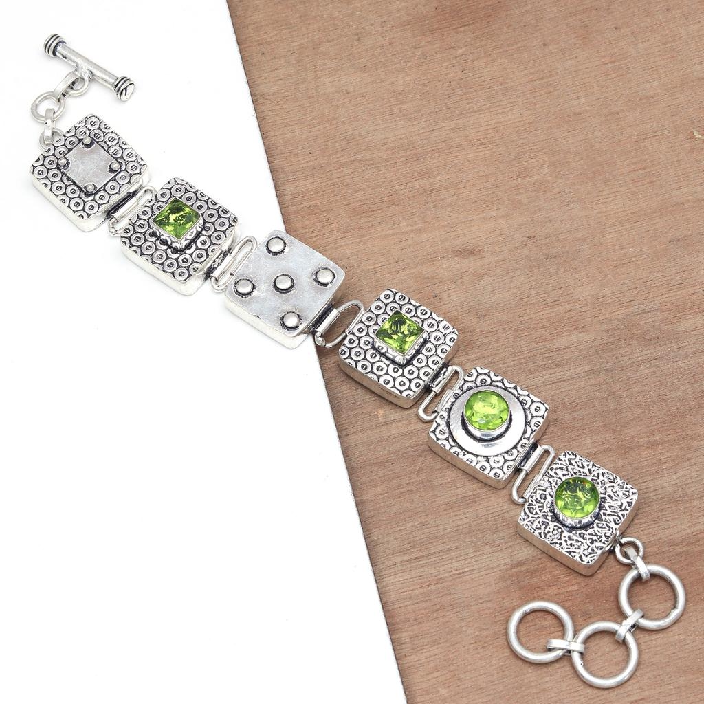 Silver Bracelet Sterling  Peridot Gemstone Quartz Quartz, 7-8" Green
