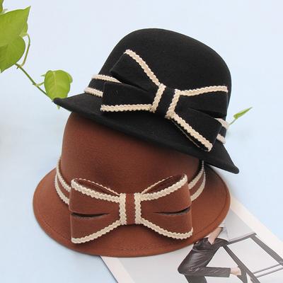 Retro Bow Woolen Hat Women's Autumn and Winter Warm Fashion Top Hat British Bucket Hat
