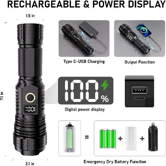 Flashlights High Lumens Rechargeable, LED Super Bright Flash Light Long Beam, Zoomable Linternas with LCD Digital Display, 5 Mode, Waterproof,