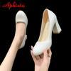Aphixta 2025 New 7cm Square Heels Round Toe Pumps Women Shoes Nude Pink Pumps Super Big Size 46