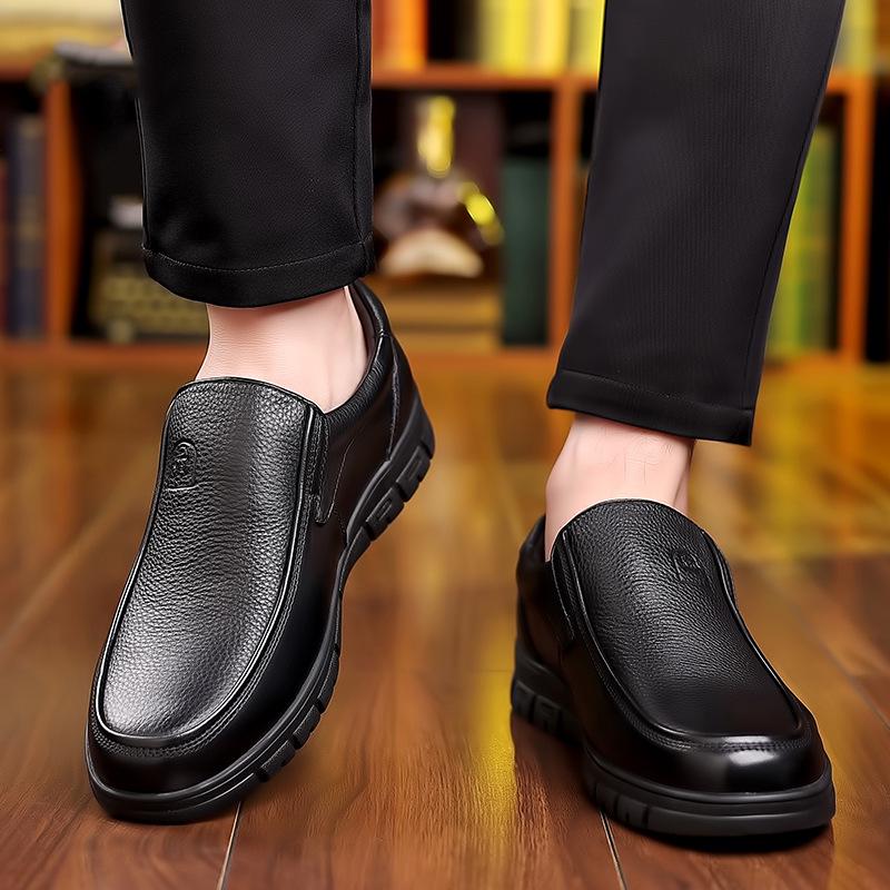 Men's Genuine Leather Slip-On Business Casual Shoes - Soft Sole for Middle-Aged & Elderly, New Spring & Autumn Cowhide Dad Style.