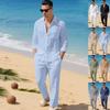 Herren Leinen Kombinations-Outfit Set Vordertasche Langarmhemd Elastischer Kordelzug Gerade Hosen Leicht Atmungsaktiv Strand Täglich Lässig Anzug