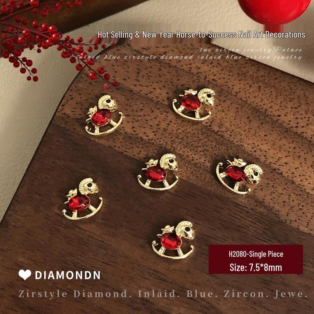 2026 New Year Little Horse Nail Art Decorations - Gold, Silver, and Red Rhinestone Press-on Nail Accessories