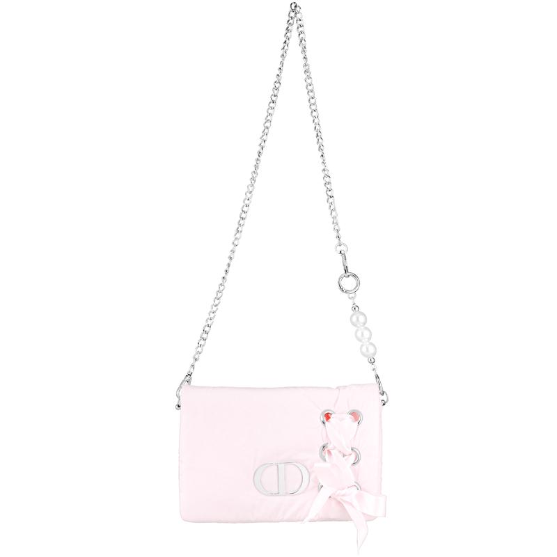 DIOR DIY Style Cosmetic Bag canvas, pink satin ballet, detachable shoulder strap, portable storage, anti-fall, hand-stitched, metal label,
