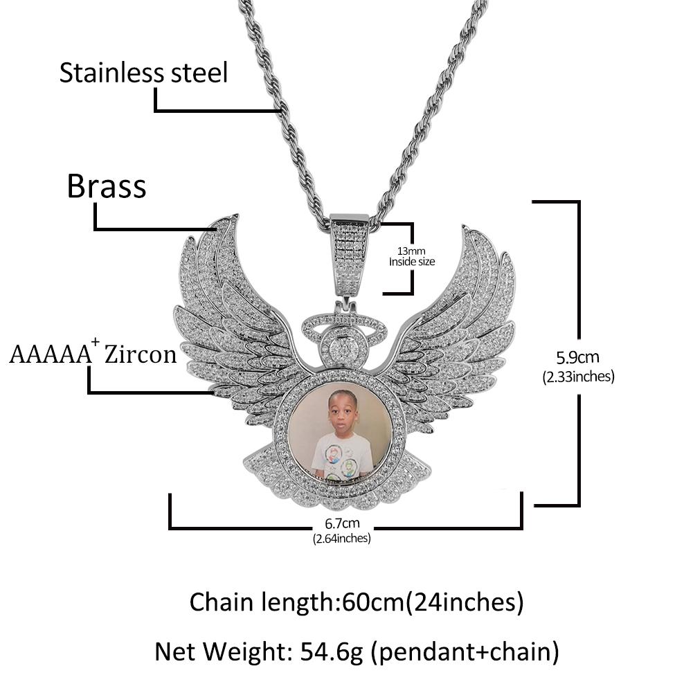 THE BLING KING Personalisierter Engel Flügel Runder Fotoanhänger DIY Bilder Erinnerungsmedaillons Halskette Personalisierter HipHop Schmuck