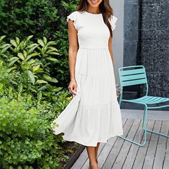 Women Dress Flying Sleeves Large Hem Summer Smocked Tiered Dress Streetwear