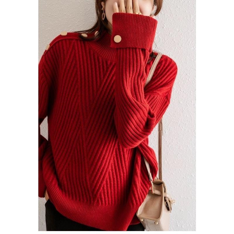 

Autumn and winter design sense solid color pullover sweater wear sweet wind button long sleeve knitted sweater top women