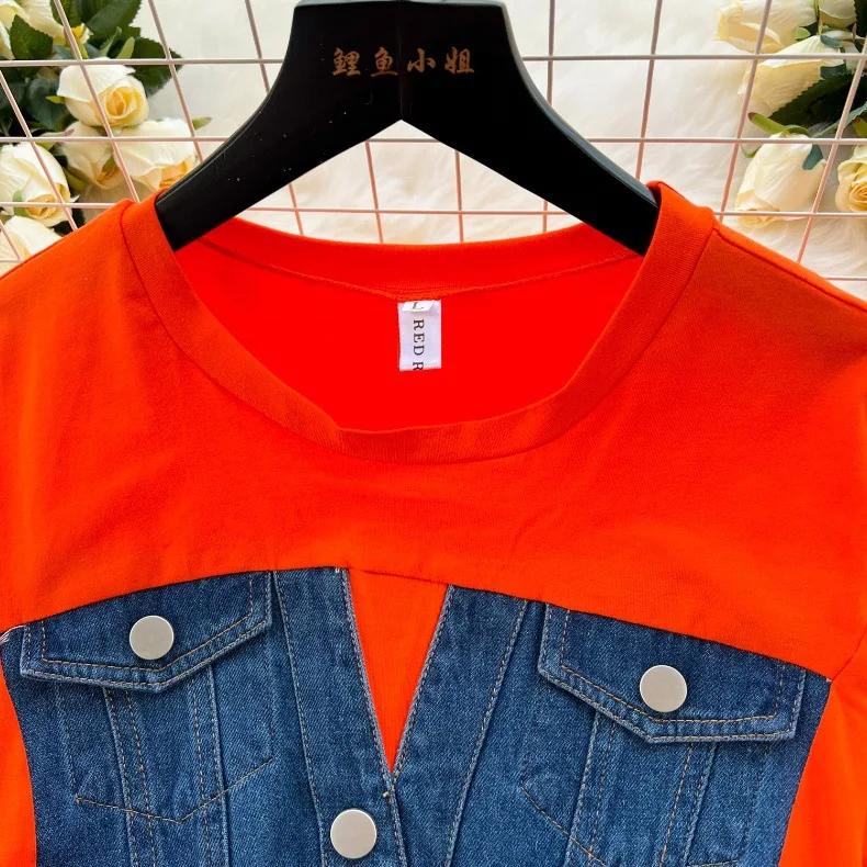 New Trendy Casual Dress Women's Contrast Vintage Denim Panel Short Sleeve Slim Fit Pencil Dress