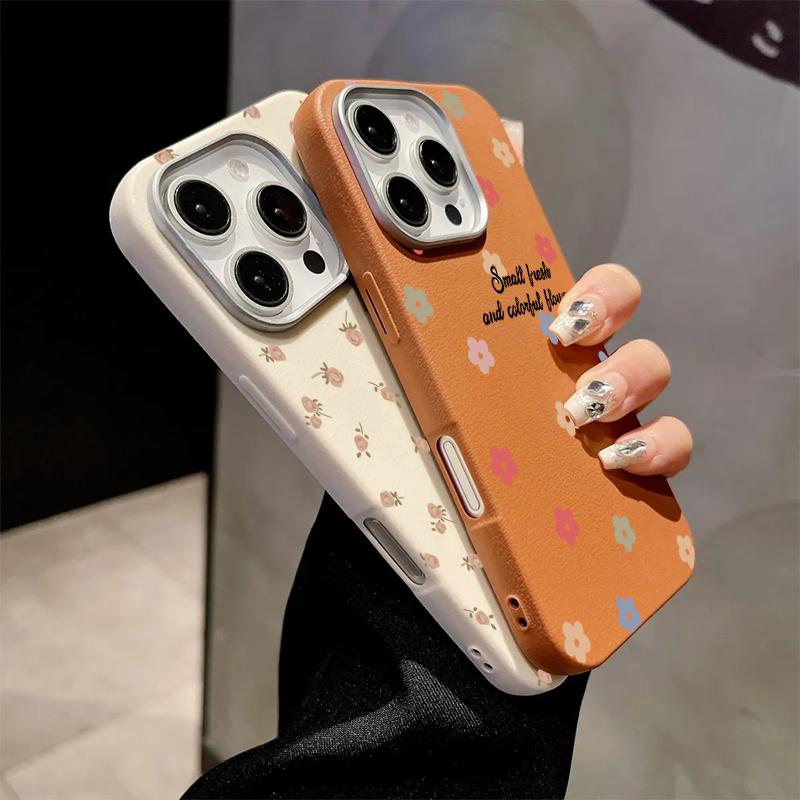 Pink Flowers Leather Pattern Phone Case For iPhone 16 15 14 Pro Max 13 12 11 XS X XR 7 8 16 Plus SE 2022 Shockproof Soft Cover