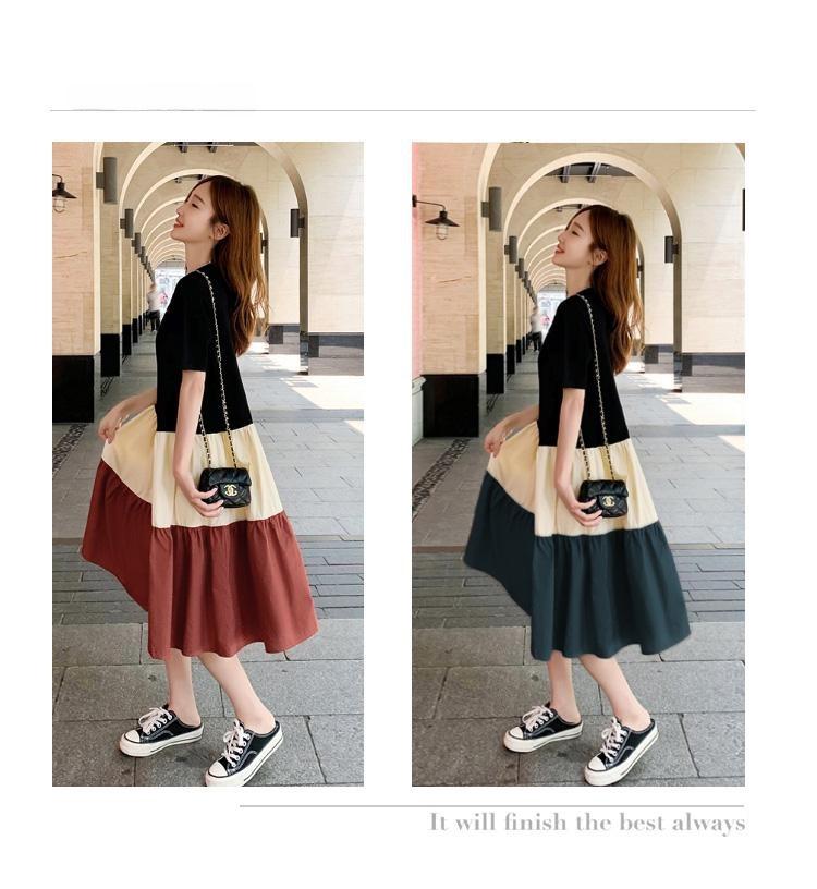 Maternity Summer A-line Knee-Length Dress with Contrast Color Splicing