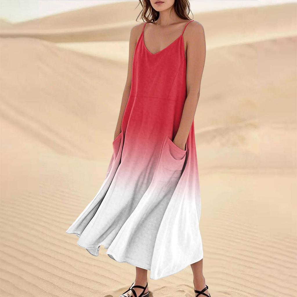 Women's Casual V Neck Gradient Print Sleeveless Pocket Suspender Dress