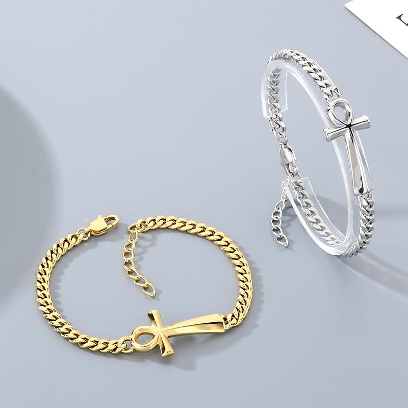 Stainless Steel Cross Bracelet for Men Women Polished Symbol Curb Chain Wristband Gold Color Adjustable Jewelry for Daily Wear