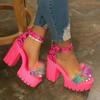 New Women Summer Collection Colorful Fluffy Coarse Heel Fashion Buckle High Heel Women's Square Heel Sandals