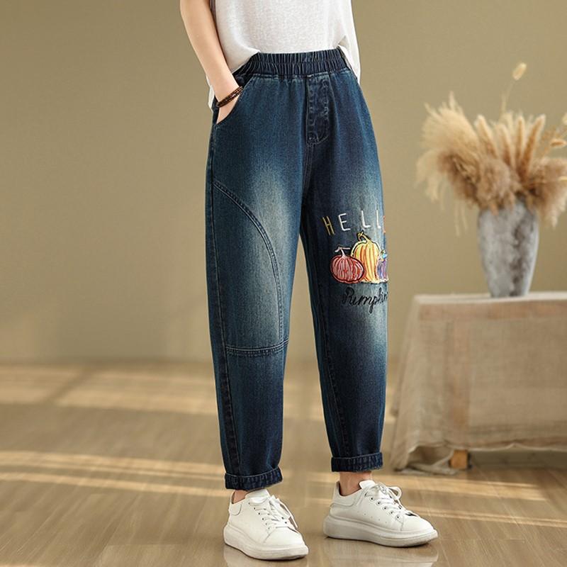 Mărimi mari subțiri broderie vintage talie înaltă casual largi femei vară toamnă blugi denim pantaloni harem