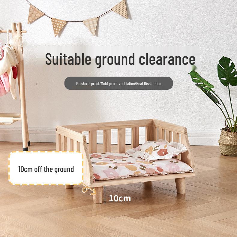 Moisture-Proof Solid Wood Pet Bed with Washable Bedding for Cats & Dogs