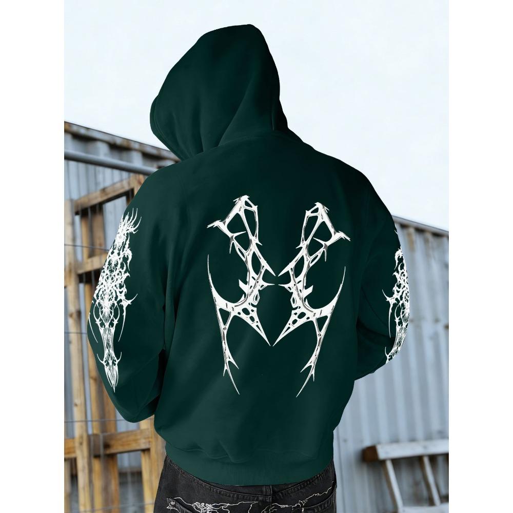 Autumn and Winter Fashionable Men's Retro Street Printed Hooded Sweatshirt with Thorn Pattern, Casual Top, Suitable for Daily Outings