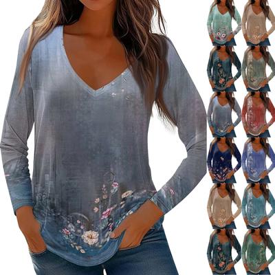 Womens Long Sleeve Tops V Neck Shirts Casual Flower Print Basic Trendy Tee Blouses Fall Tunic Outfits Fitted T Shirts