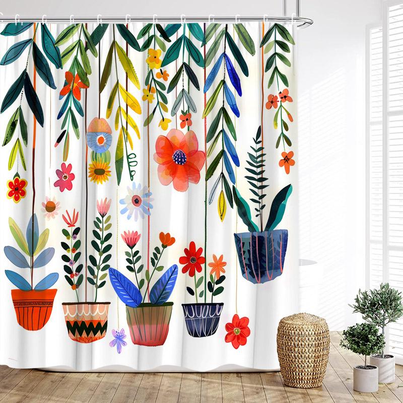 Colourful Tropical Plants Shower Curtains Desert Cactus Monstera Bonsai Leaves Bath Curtain Set Fabric Bathroom Decor with Hooks