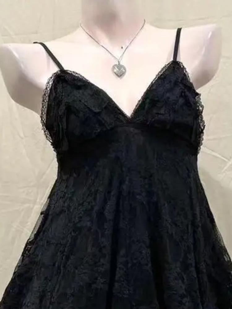 2025 Japanese Vintage Style Strap Dress Women Korean Fashion Black Lace Cami Dresses  Summer Sweet Patchwork New One Piece Dress