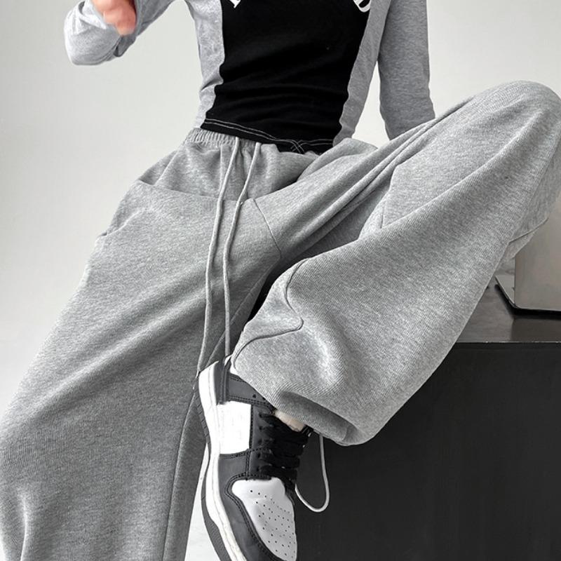 Autumn Sports Casual Loose Wide Leg Pants Women Fashion Solid Elegant High Waist Trousers Women Simple Straight Drawstring Office Ladies Trouser 25681