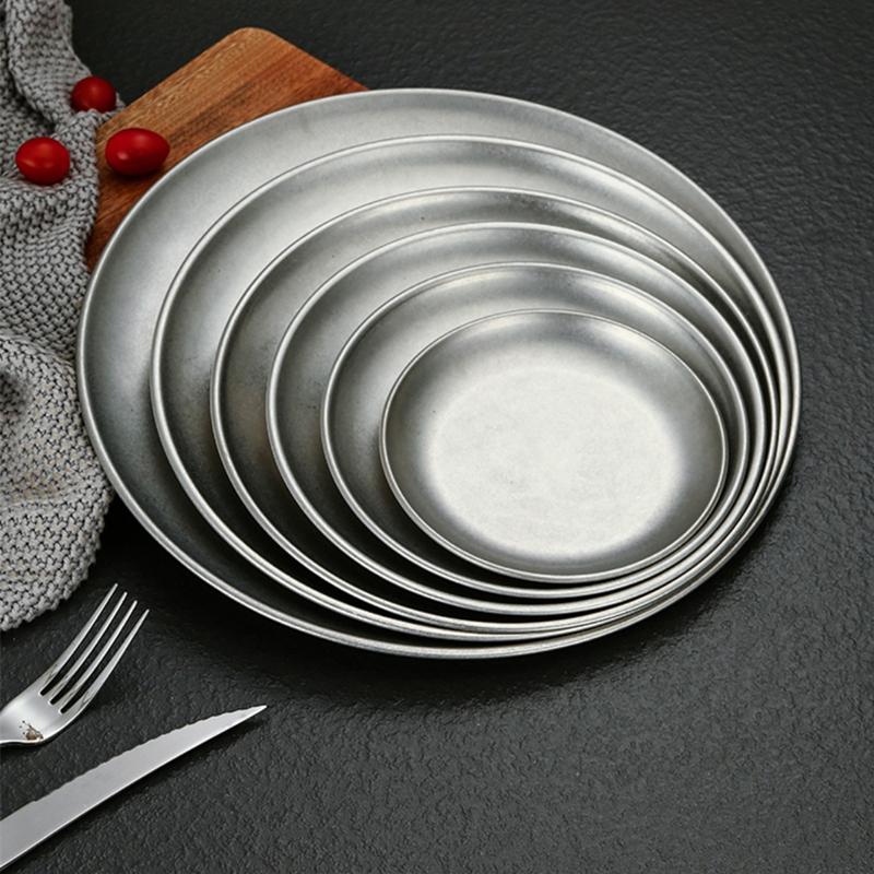 Retro korejský nerezový úložný tác na potraviny, ovocný dort, steak, kulatý talíř, dekorativní mělké nádobí, kuchyňský organizér