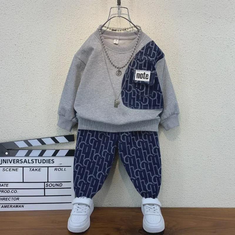 

Boys Spring & Autumn Two-Piece Set: Long-Sleeved Sweatshirt & Casual Pants - Stylish Sportswear for Kids 130 cm сірий колір
