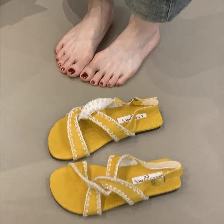 French retro cross with flat women's shoes bohemian with skirt open-toed with Roman sandals women's summer