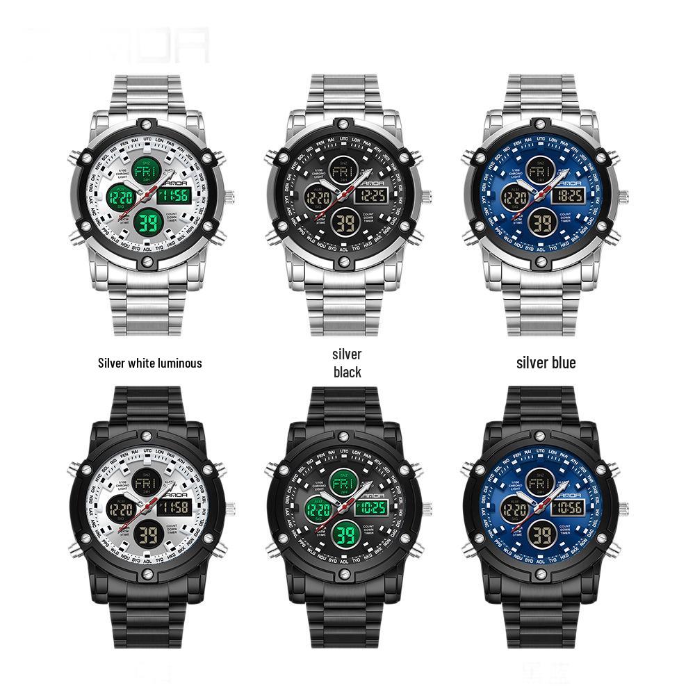 Sanda Men's Multifunctional Large Dial Steel Strap Waterproof Watch with Three Time Zones for Outdoor Sports - Model 3394
