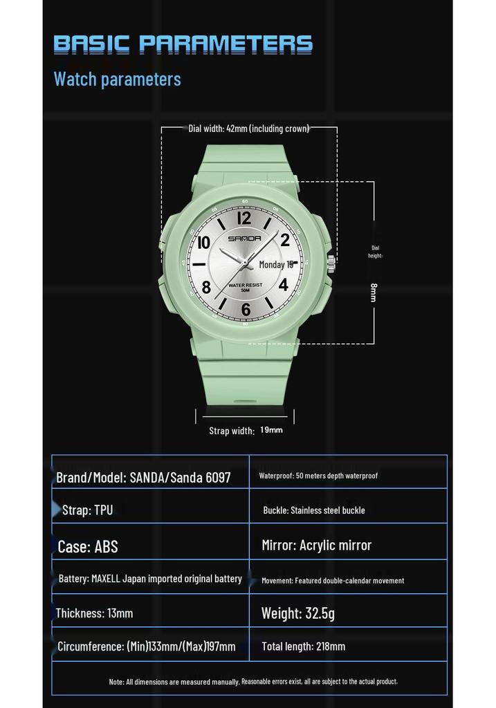 Sanda 6097 Dual Calendar Luminous Waterproof Watch for Men & Women - Trendy, Creative, and Ideal for Outdoor Activities.