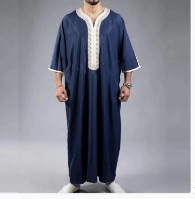 Summer Kaftan Muslim Men Short Sleeve Embroidery Loose Breathable Casual Robe