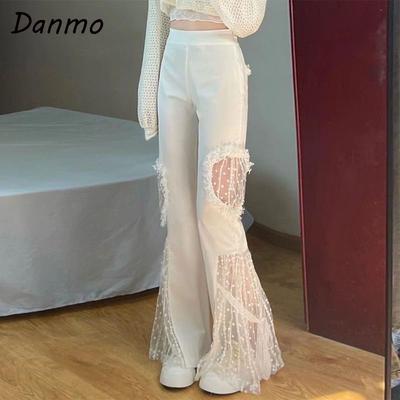 Danmo Y2k Lace Stitching Hollow Out High Waist Flared Pants Slim Gothic Punk Streetwear Pants Harajuku Trouser