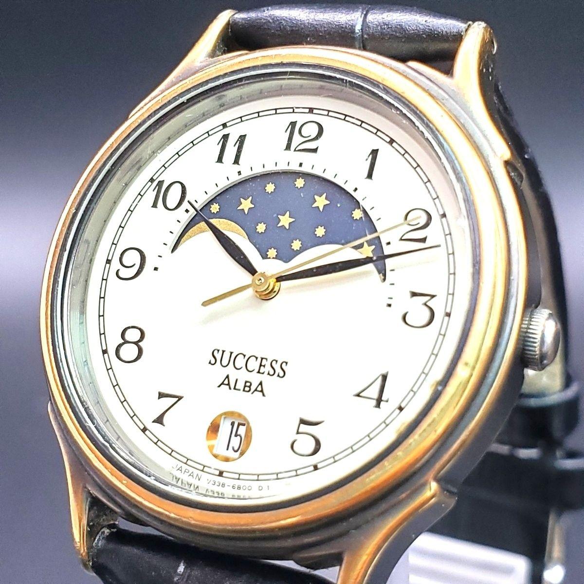 Good condition SEIKO ALBA Success Moon Phase Sun & Moon Date QZ Quartz Vintage ALBA