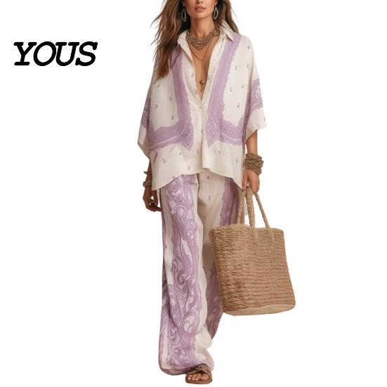 High-end Casual Women Wear Women s Boho Cotton Linen 2 Piece Sets, 3/4 Sleeve Printed Shirts Pear-shaped Figure Clothing And Wide Leg Pants S