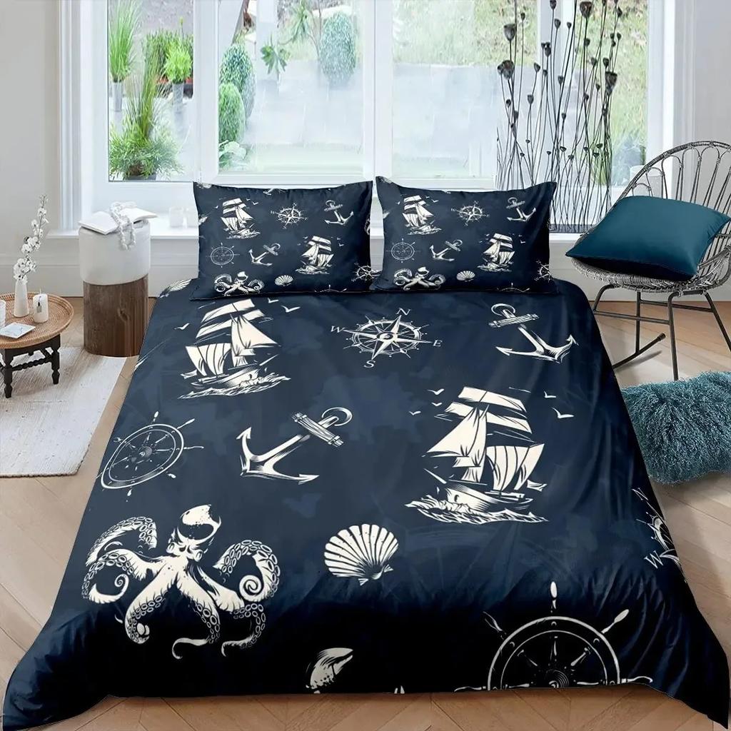 Nautical Duvet Cover Set Boat Pirate Bedding Set King Size Retro Sailboat Brown Comforter Cover Anchor Compass Vintage Quilt Set