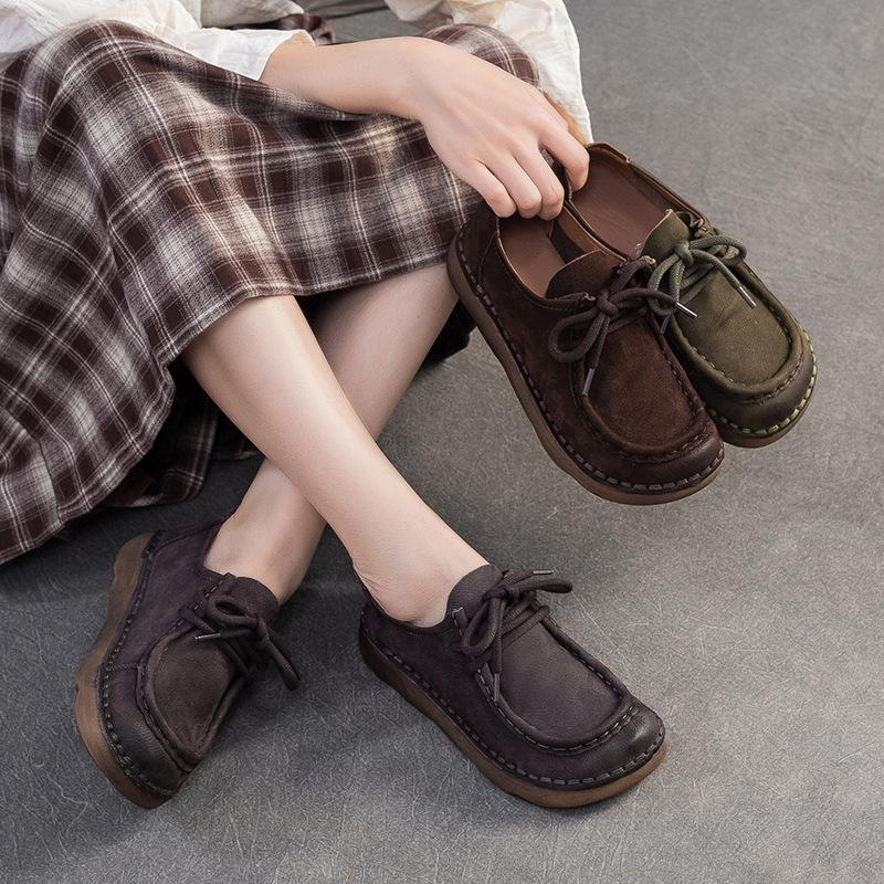 Autumn Suede Leather Casual Shoes Women Comfortable Round Toe Lace Up Loafers Low Block Heel Office Flats